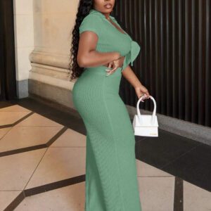Slaydiva Ensemble casual avec Top moulant à col polo, manches courtes et lien devant, et pantalon droit - B