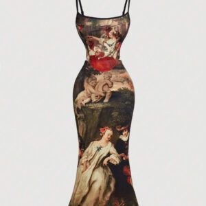 Gooodcoin MOD Ensemble Haut Caraco Et Jupe Imprimé Peinture À L'huile Pour Femmes