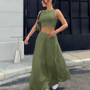 Gooodcoin EZwear 2 pièces Ensemble Top court simple et longue jupe pour femmes