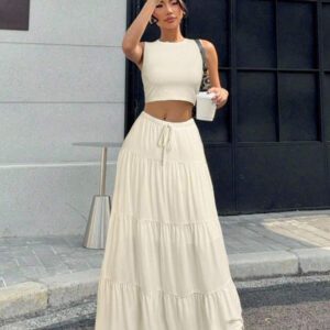 Gooodcoin EZwear 2 pièces Ensemble Top court simple et longue jupe pour femmes
