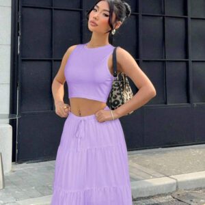 Gooodcoin EZwear 2 pièces Ensemble Top court simple et longue jupe pour femmes