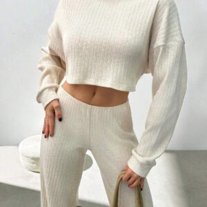 Gooodcoin Ensemble Top court et pantalon en tricot côtelé brossé