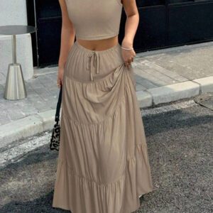 Gooodcoin EZwear 2 pièces Ensemble Top court simple et longue jupe pour femmes