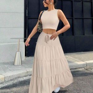 Gooodcoin EZwear 2 pièces Ensemble Top court simple et longue jupe pour femmes