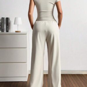 Gooodcoin EZwear 2 pièces Ensemble casual femme Top asymétrique unicolore et pantalon