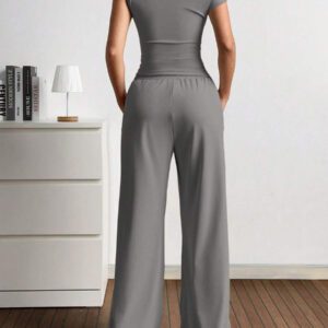 Gooodcoin EZwear 2 pièces Ensemble casual femme Top asymétrique unicolore et pantalon