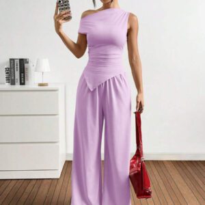 Gooodcoin EZwear 2 pièces Ensemble casual femme Top asymétrique unicolore et pantalon