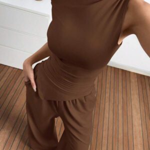 Gooodcoin EZwear 2 pièces Ensemble casual femme Top asymétrique unicolore et pantalon