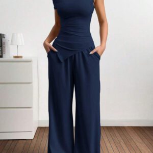 Gooodcoin EZwear 2 pièces Ensemble casual femme Top asymétrique unicolore et pantalon