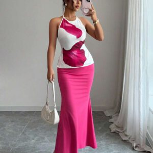 Elenzga 2 pièces Ensemble femme robe moulante imprimée à queue de poisson avec bretelles croisées à nouer et encolure ras-du-cou pour l'été