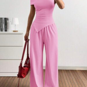 Gooodcoin EZwear 2 pièces Ensemble casual femme Top asymétrique unicolore et pantalon
