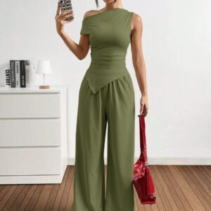 Gooodcoin EZwear 2 pièces Ensemble casual femme Top asymétrique unicolore et pantalon