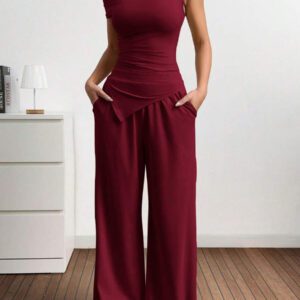 Gooodcoin EZwear 2 pièces Ensemble casual femme Top asymétrique unicolore et pantalon