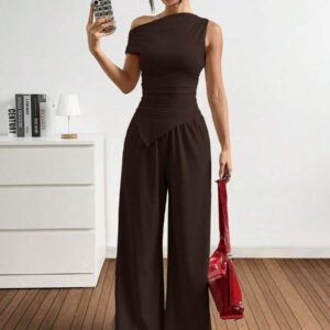 Gooodcoin EZwear 2 pièces Ensemble casual femme Top asymétrique unicolore et pantalon