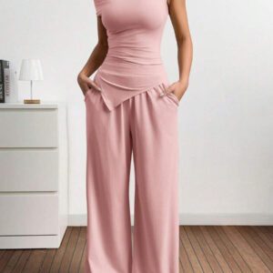 Gooodcoin EZwear 2 pièces Ensemble casual femme Top asymétrique unicolore et pantalon