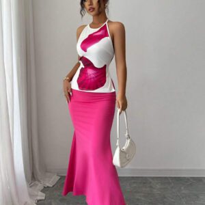 Elenzga 2 pièces Ensemble femme robe moulante imprimée à queue de poisson avec bretelles croisées à nouer et encolure ras-du-cou pour l'été