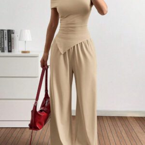 Gooodcoin EZwear 2 pièces Ensemble casual femme Top asymétrique unicolore et pantalon