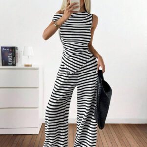 Gooodcoin EZwear 2 pièces Ensemble casual femme Top asymétrique unicolore et pantalon