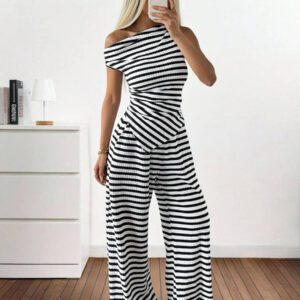 Gooodcoin EZwear 2 pièces Ensemble casual femme Top asymétrique unicolore et pantalon