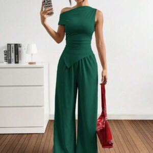 Gooodcoin EZwear 2 pièces Ensemble casual femme Top asymétrique unicolore et pantalon