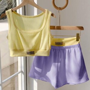 Comfortcana 2 pièces/Set Débardeur femme imprimé de lettres et Short bicolore, Tenue d'été