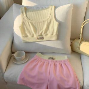 Comfortcana 2 pièces/Set Débardeur femme imprimé de lettres et Short bicolore, Tenue d'été