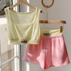 Comfortcana 2 pièces/Set Débardeur femme imprimé de lettres et Short bicolore, Tenue d'été