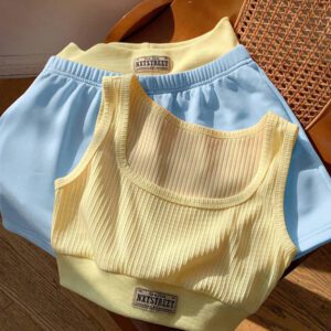 Comfortcana 2 pièces/Set Débardeur femme imprimé de lettres et Short bicolore, Tenue d'été