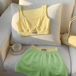 Comfortcana 2 pièces/Set Débardeur femme imprimé de lettres et Short bicolore, Tenue d'été