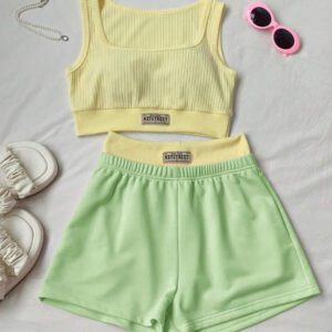Comfortcana 2 pièces/Set Débardeur femme imprimé de lettres et Short bicolore, Tenue d'été