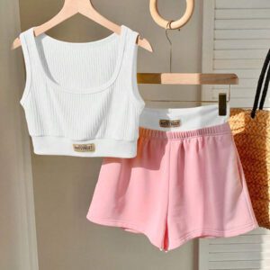 Comfortcana 2 pièces/Set Débardeur femme imprimé de lettres et Short bicolore, Tenue d'été