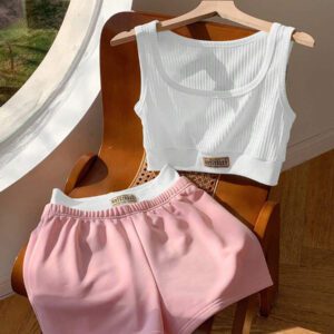 Comfortcana 2 pièces/Set Débardeur femme imprimé de lettres et Short bicolore, Tenue d'été