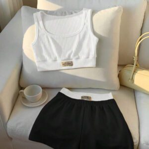 Comfortcana 2 pièces/Set Débardeur femme imprimé de lettres et Short bicolore, Tenue d'été