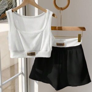 Comfortcana 2 pièces/Set Débardeur femme imprimé de lettres et Short bicolore, Tenue d'été