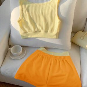 Comfortcana 2 pièces/Set Débardeur femme imprimé de lettres et Short bicolore, Tenue d'été