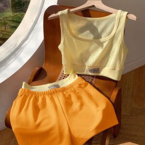 Comfortcana 2 pièces/Set Débardeur femme imprimé de lettres et Short bicolore, Tenue d'été