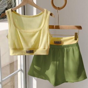 Comfortcana 2 pièces/Set Débardeur femme imprimé de lettres et Short bicolore, Tenue d'été