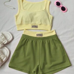 Comfortcana 2 pièces/Set Débardeur femme imprimé de lettres et Short bicolore, Tenue d'été