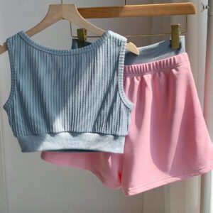 Comfortcana 2 pièces/Set Débardeur femme imprimé de lettres et Short bicolore, Tenue d'été