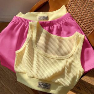 Comfortcana 2 pièces/Set Débardeur femme imprimé de lettres et Short bicolore, Tenue d'été