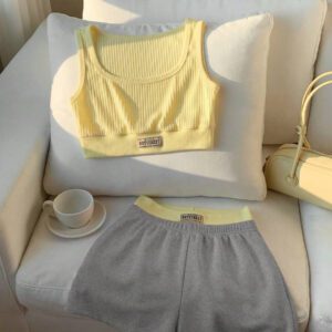 Comfortcana 2 pièces/Set Débardeur femme imprimé de lettres et Short bicolore, Tenue d'été