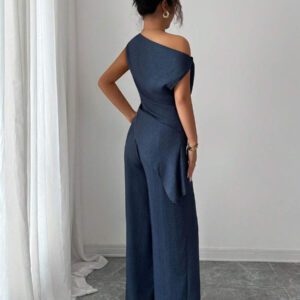 Elenzga Nouvelle tenue 2 pièces d'été, convenant pour les voyages et les séances photo, top élégant bleu profond asymétrique à l'épaule + pantalon casual taille haute
