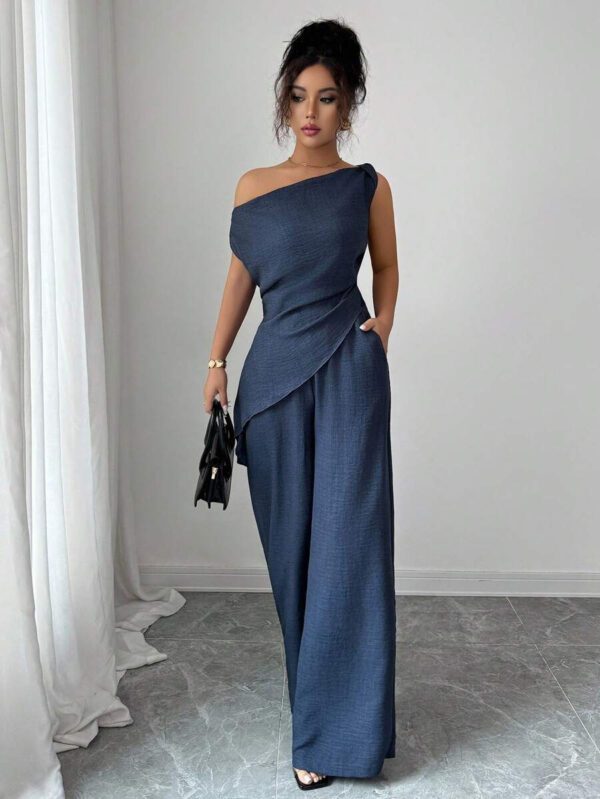 Elenzga Nouvelle tenue 2 pièces d'été, convenant pour les voyages et les séances photo, top élégant bleu profond asymétrique à l'épaule + pantalon casual taille haute – Image 7