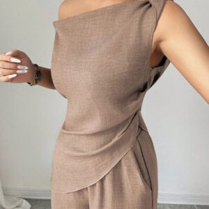 Elenzga Nouvelle tenue 2 pièces d'été, convenant pour les voyages et les séances photo, top élégant bleu profond asymétrique à l'épaule + pantalon casual taille haute