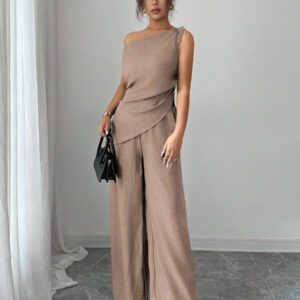Elenzga Nouvelle tenue 2 pièces d'été, convenant pour les voyages et les séances photo, top élégant bleu profond asymétrique à l'épaule + pantalon casual taille haute