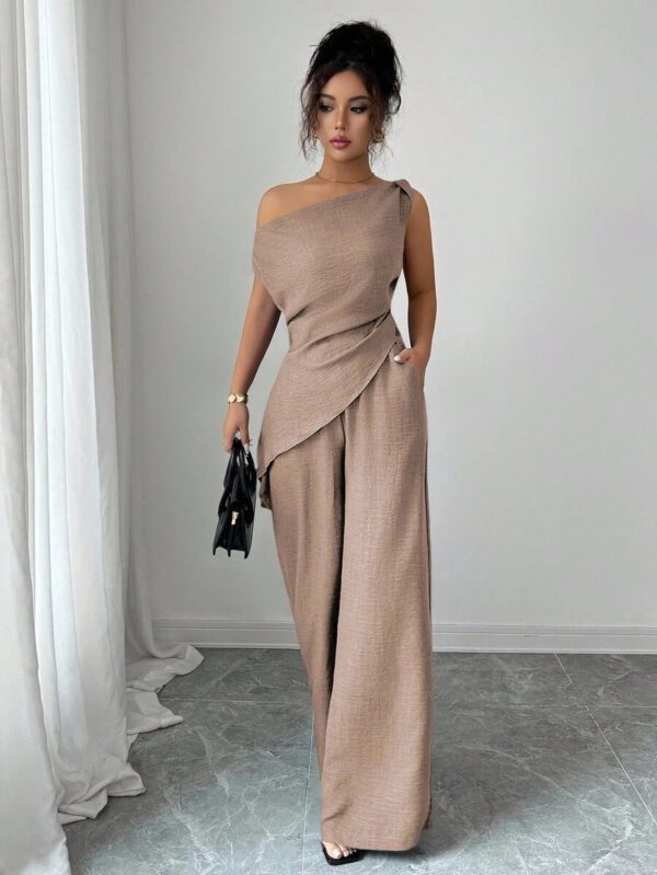 Elenzga Nouvelle tenue 2 pièces d'été, convenant pour les voyages et les séances photo, top élégant bleu profond asymétrique à l'épaule + pantalon casual taille haute – Image 14