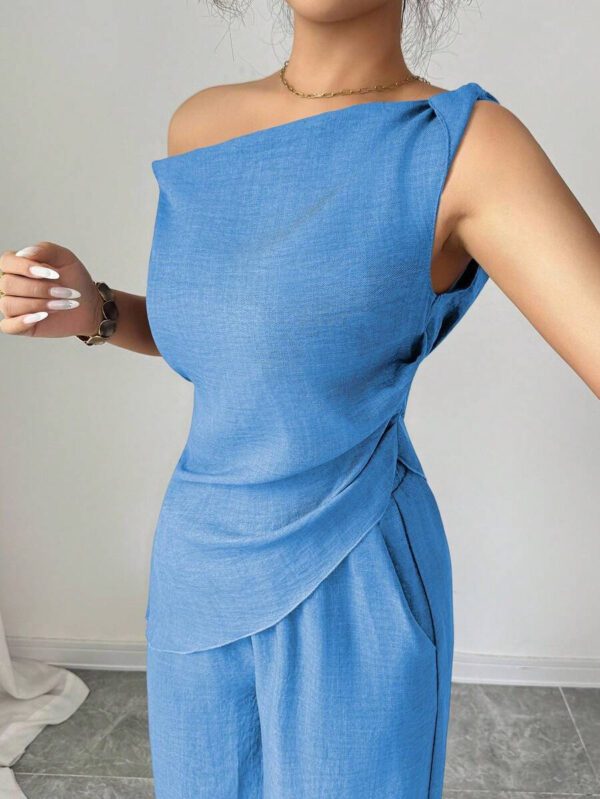Elenzga Nouvelle tenue 2 pièces d'été, convenant pour les voyages et les séances photo, top élégant bleu profond asymétrique à l'épaule + pantalon casual taille haute – Image 18