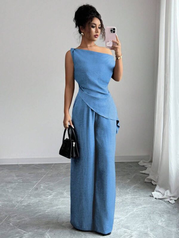 Elenzga Nouvelle tenue 2 pièces d'été, convenant pour les voyages et les séances photo, top élégant bleu profond asymétrique à l'épaule + pantalon casual taille haute – Image 19