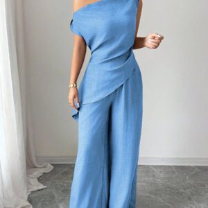 Elenzga Nouvelle tenue 2 pièces d'été, convenant pour les voyages et les séances photo, top élégant bleu profond asymétrique à l'épaule + pantalon casual taille haute