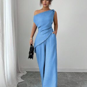 Elenzga Nouvelle tenue 2 pièces d'été, convenant pour les voyages et les séances photo, top élégant bleu profond asymétrique à l'épaule + pantalon casual taille haute